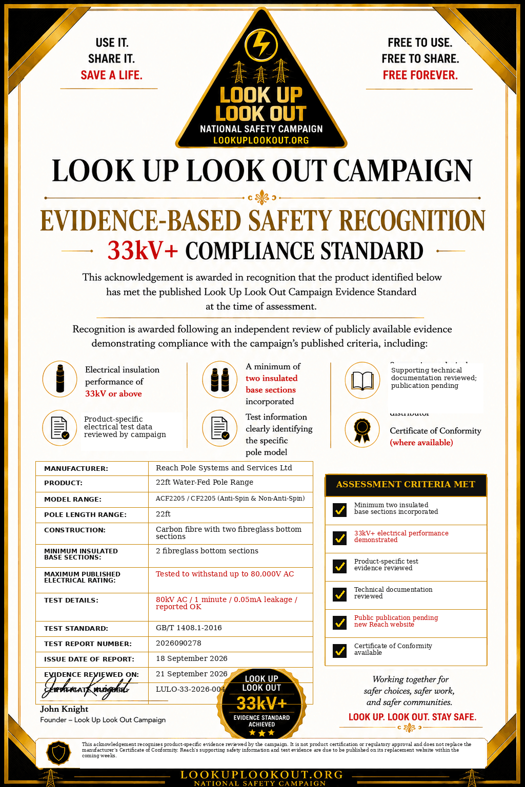 Look Up Look Out evidence-based safety recognition for the 22ft Water-Fed Pole Range, reference LULO-33-2026-004