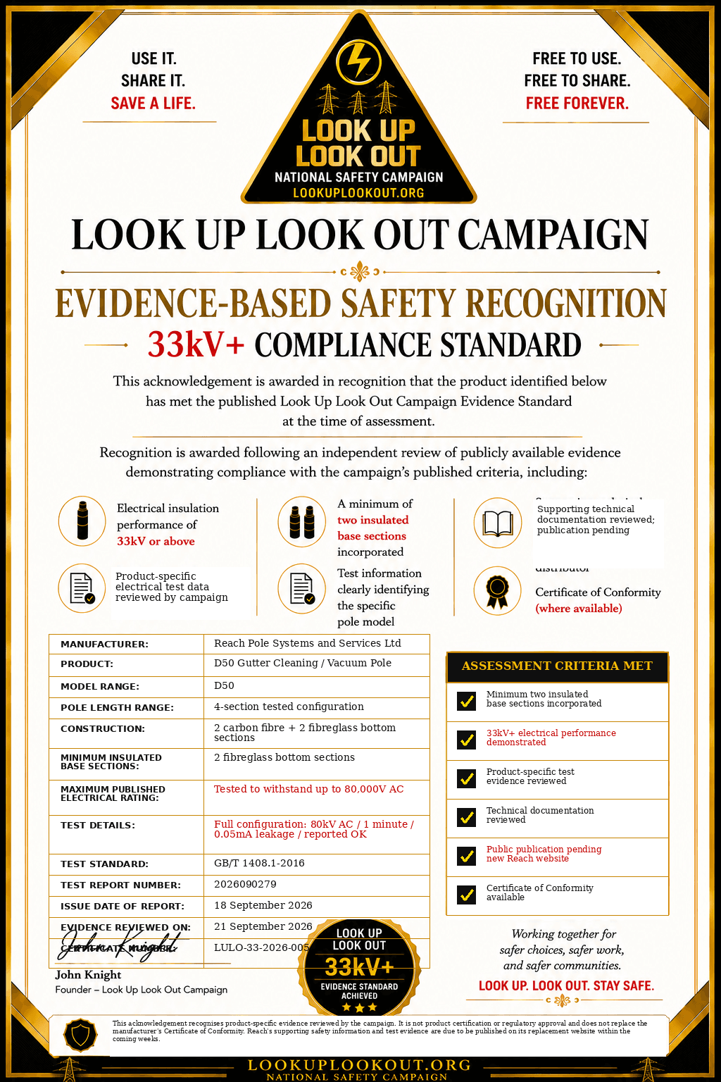 Look Up Look Out evidence-based safety recognition for the D50 Gutter Cleaning / Vacuum Pole, reference LULO-33-2026-005