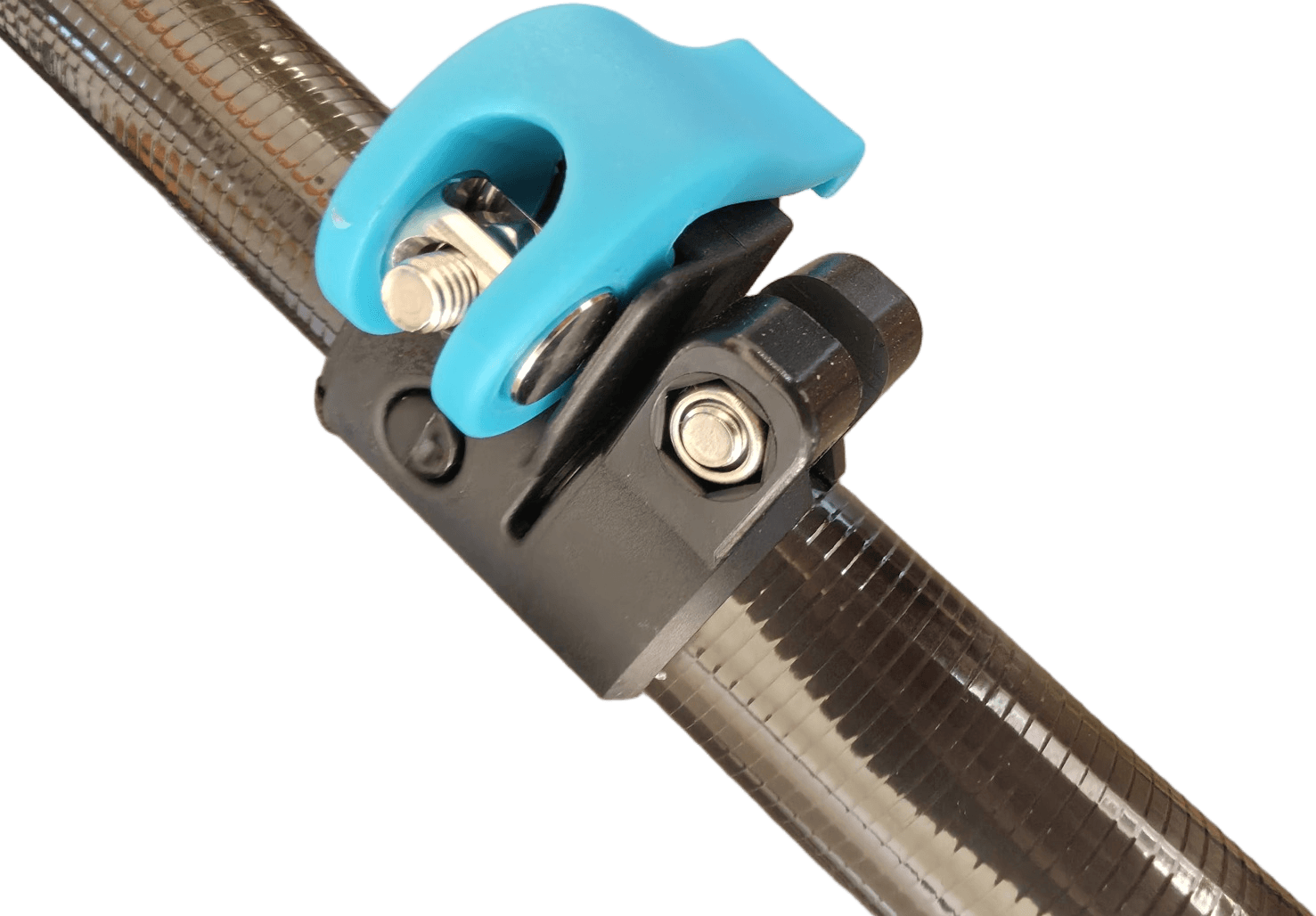 Close-up of an UltraREACH clamp on a carbon fibre pole section, the teal lever open against the black clamp body.