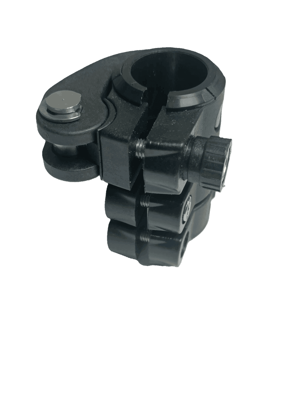 An old-style Reach Poles clamp collar, all black, shown open off the pole.