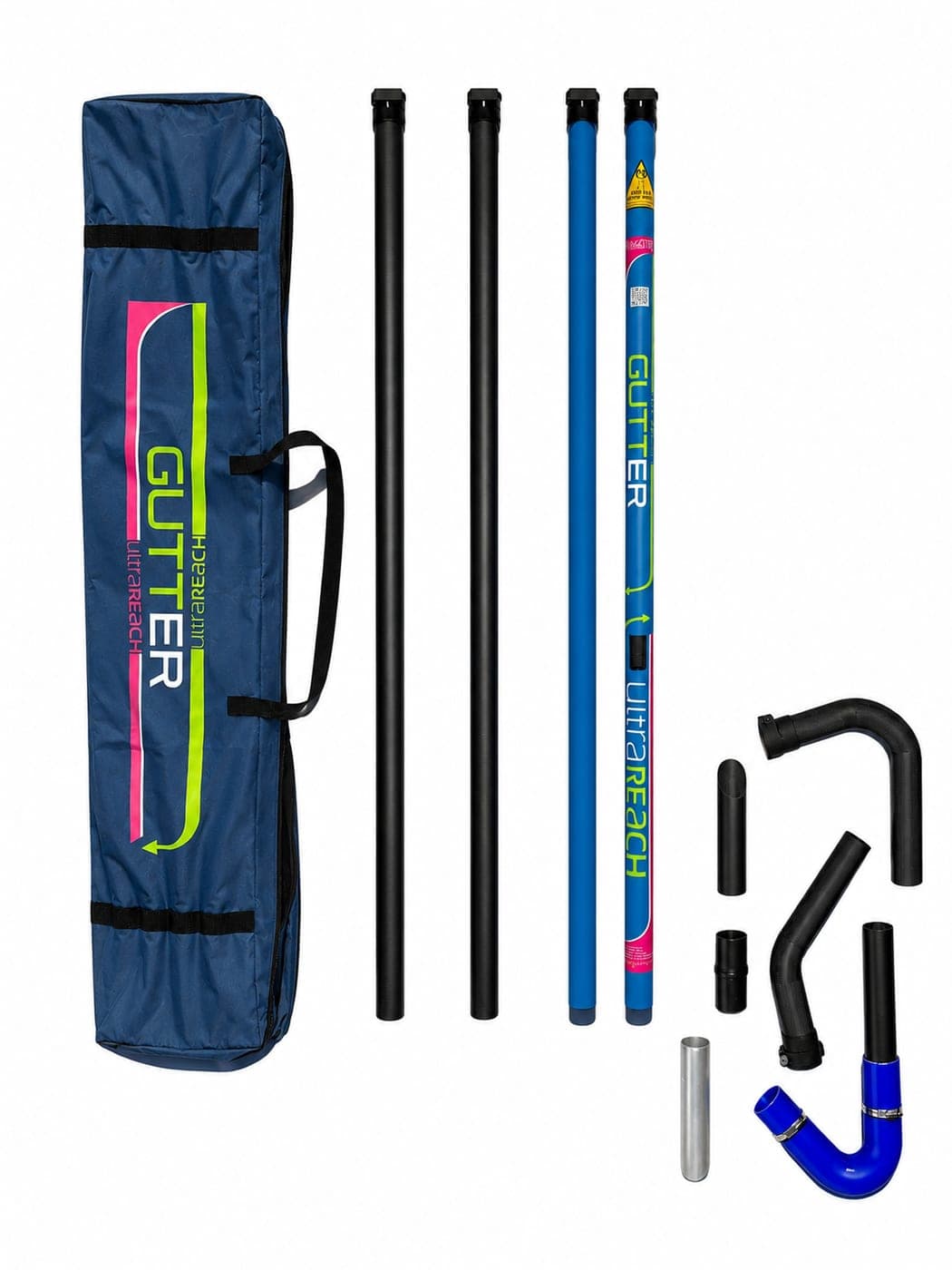 A clamped 51mm gutter vac pole kit laid out — the blue fibreglass base and second sections, the black carbon sections above them, and the 135-degree neck and nozzles.