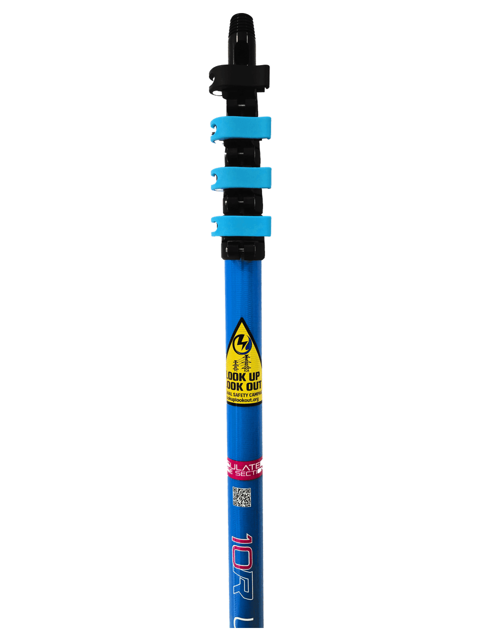 UltraReach 10R Anti-Spin pole, top section: tip, three blue clamps and the Look Up Look Out sticker.