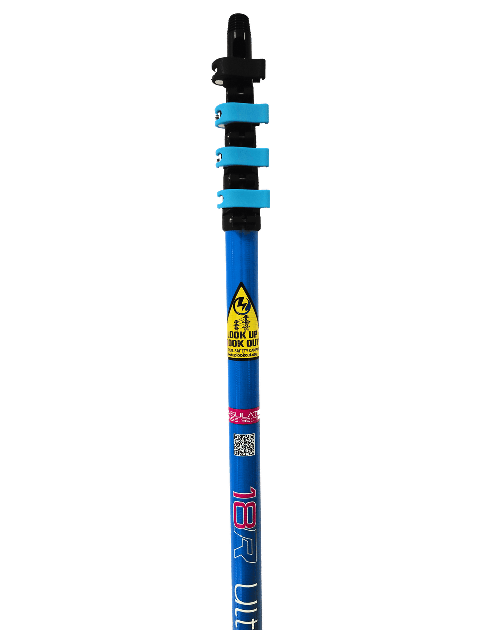 UltraReach 18R Anti-Spin pole, top section: tip, three blue clamps and the Look Up Look Out sticker.