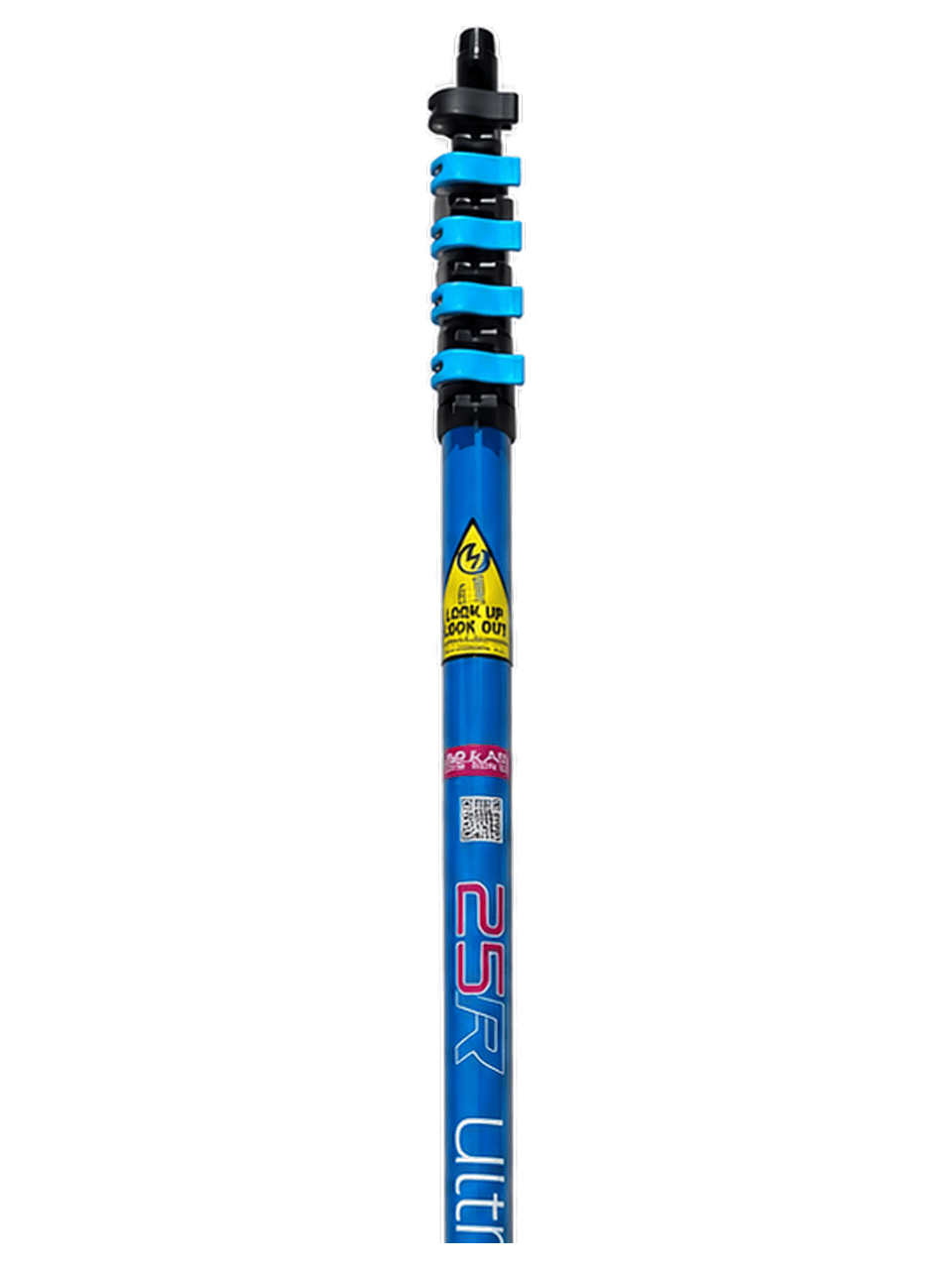 UltraReach 25R Anti-Spin pole extended, its blue shaft printed with the 25R model name, the anti-spin badge, its insulation rating label and a Look Up Look Out safety triangle.