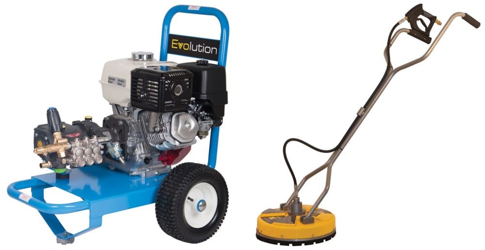 The Evolution 2 15200 Petrol Pressure Washer + 16" Whirlaway Surface Cleaner, both items pictured.