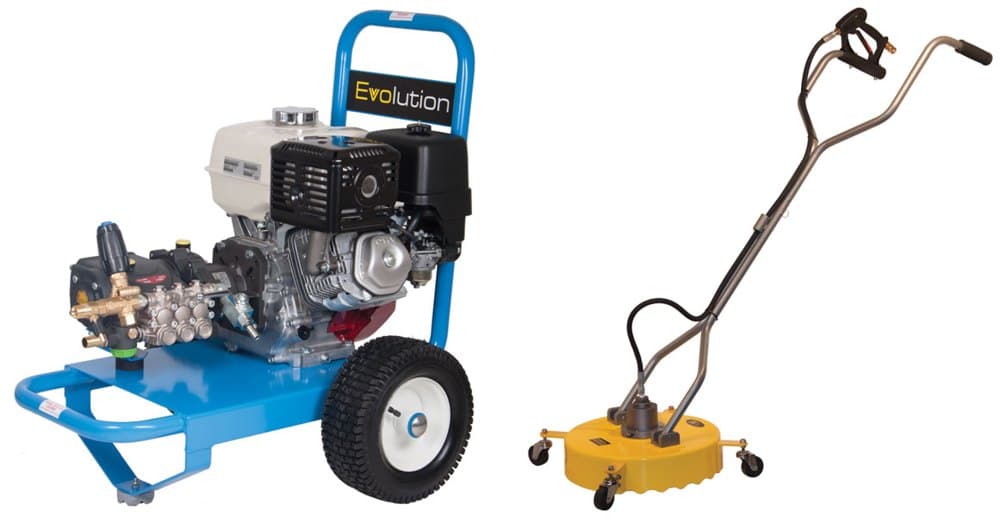The Evolution 2 21200 Petrol Pressure Washer + 18" Whirlaway Surface Cleaner, both items pictured.