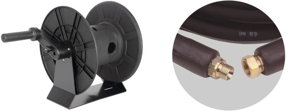 The HR20 Manual Hose Reel + 3/8" High Pressure Hose, both items pictured.