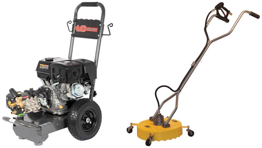 The LC 15250 Petrol Pressure Washer + 18" Whirlaway Surface Cleaner, both items pictured.