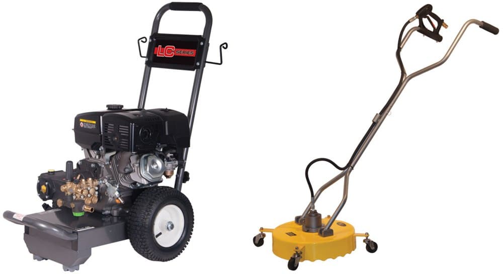 The LC 16200 Petrol Pressure Washer + 18" Whirlaway Surface Cleaner, both items pictured.