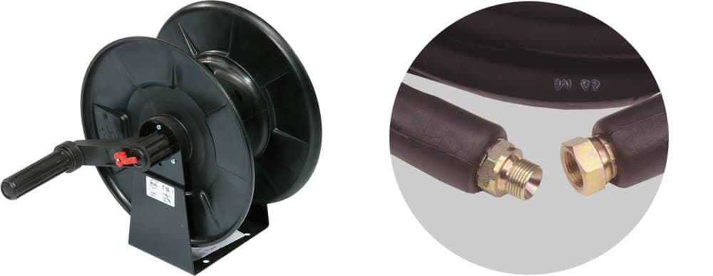 The T16 Manual Hose Reel + 3/8" High Pressure Hose, both items pictured.