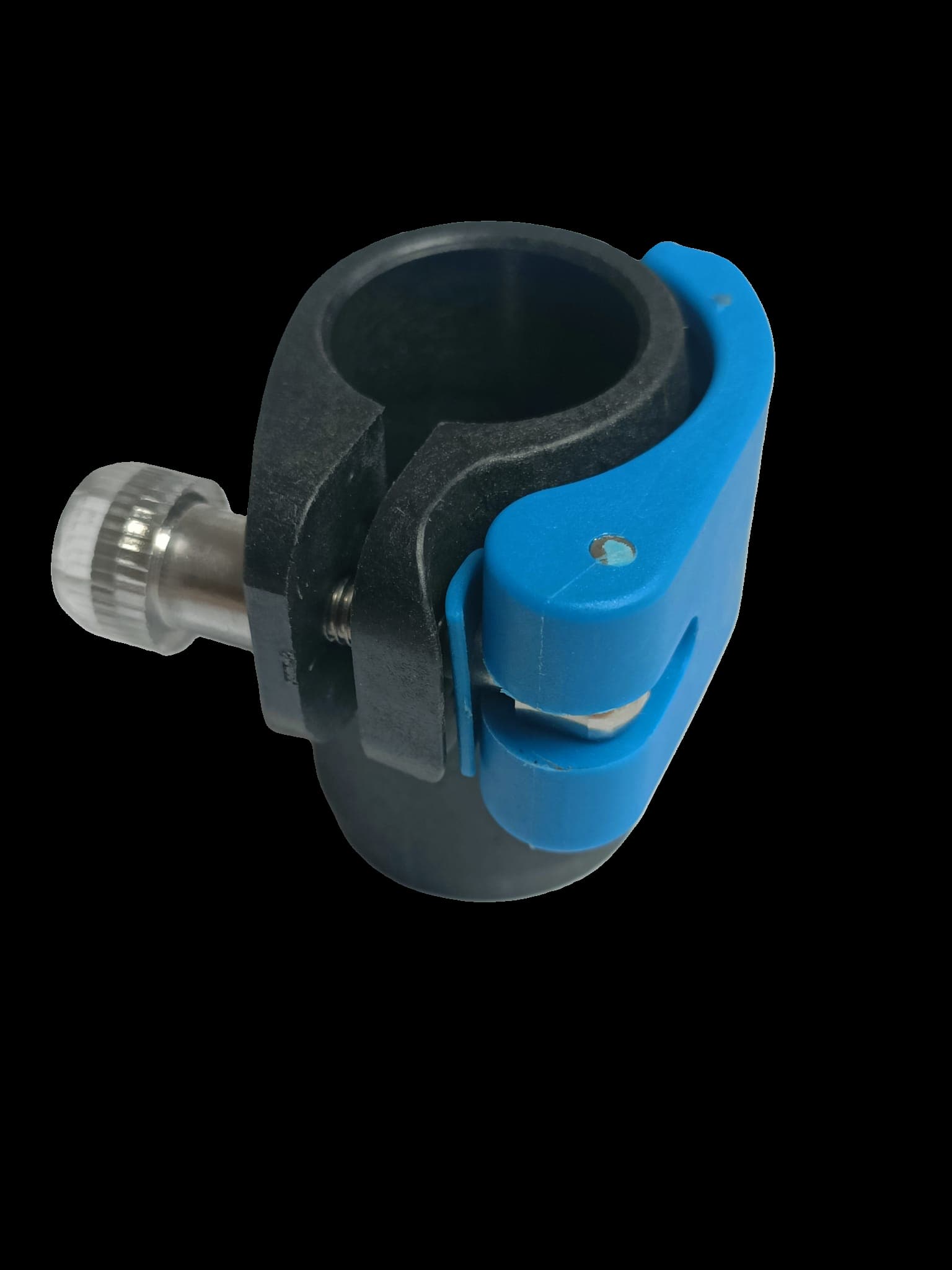 A discontinued-style Reach Poles clamp with a blue lever and thumb screw.