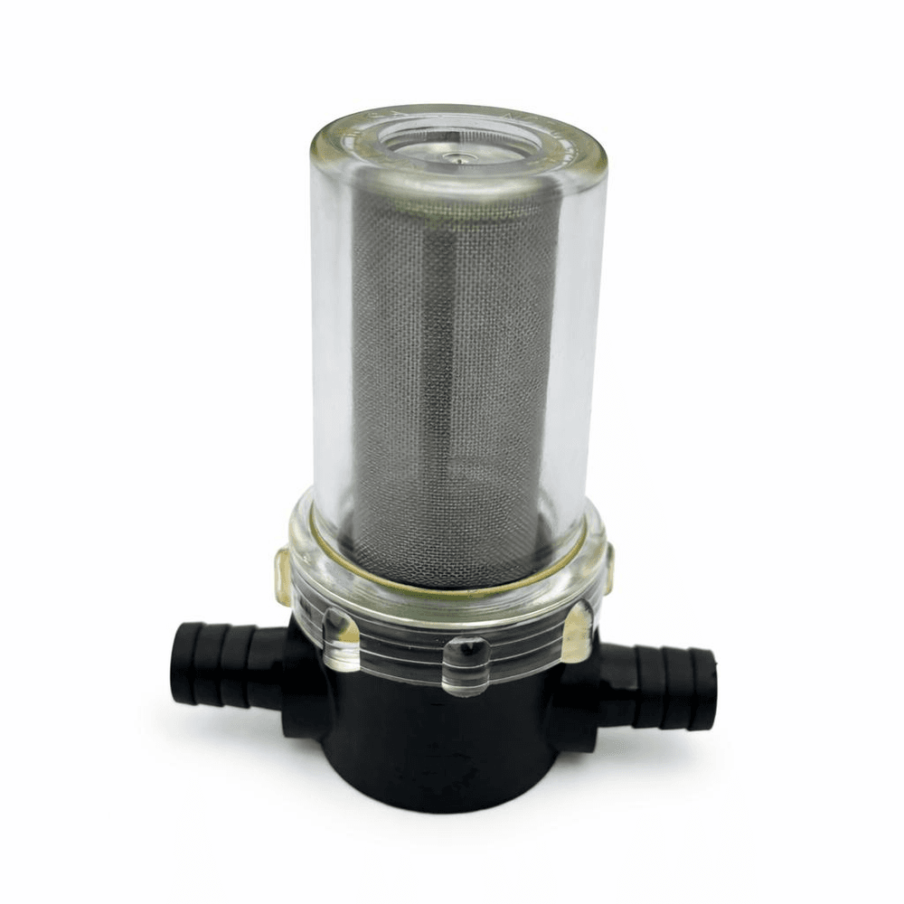 An inline filter with a clear housing, mesh screen and hose barbs.