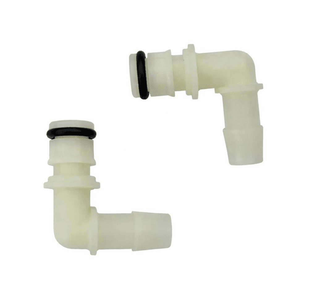 Two push-fit pump elbows with half-inch barbs.