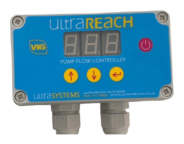 An UltraReach V16 auto fill and flush pump flow controller with its two cable glands.