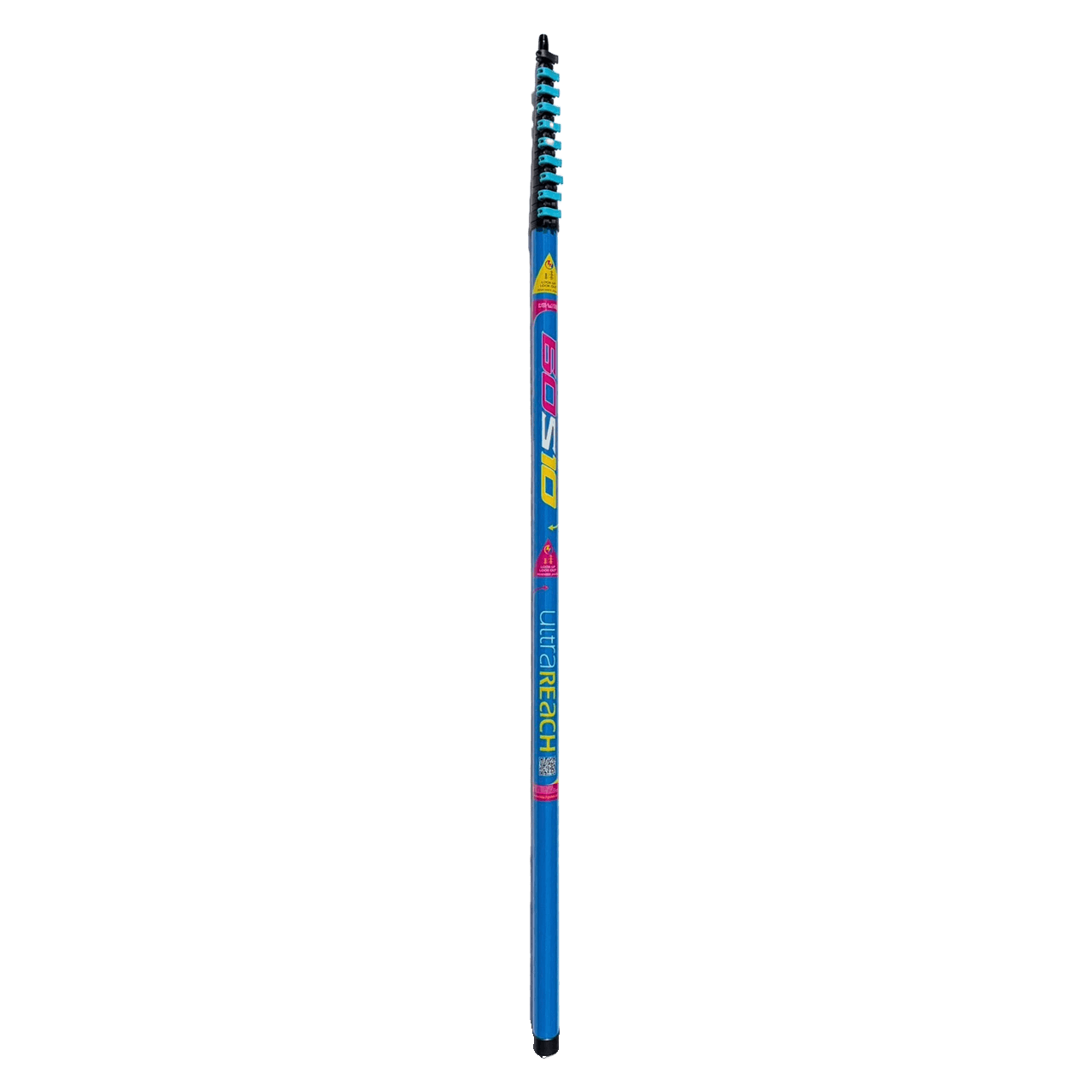 The UltraReach 60S10 Type S pole, full length: black top sections with turquoise clamps, blue lower sections marked 60S10 and UltraReach.